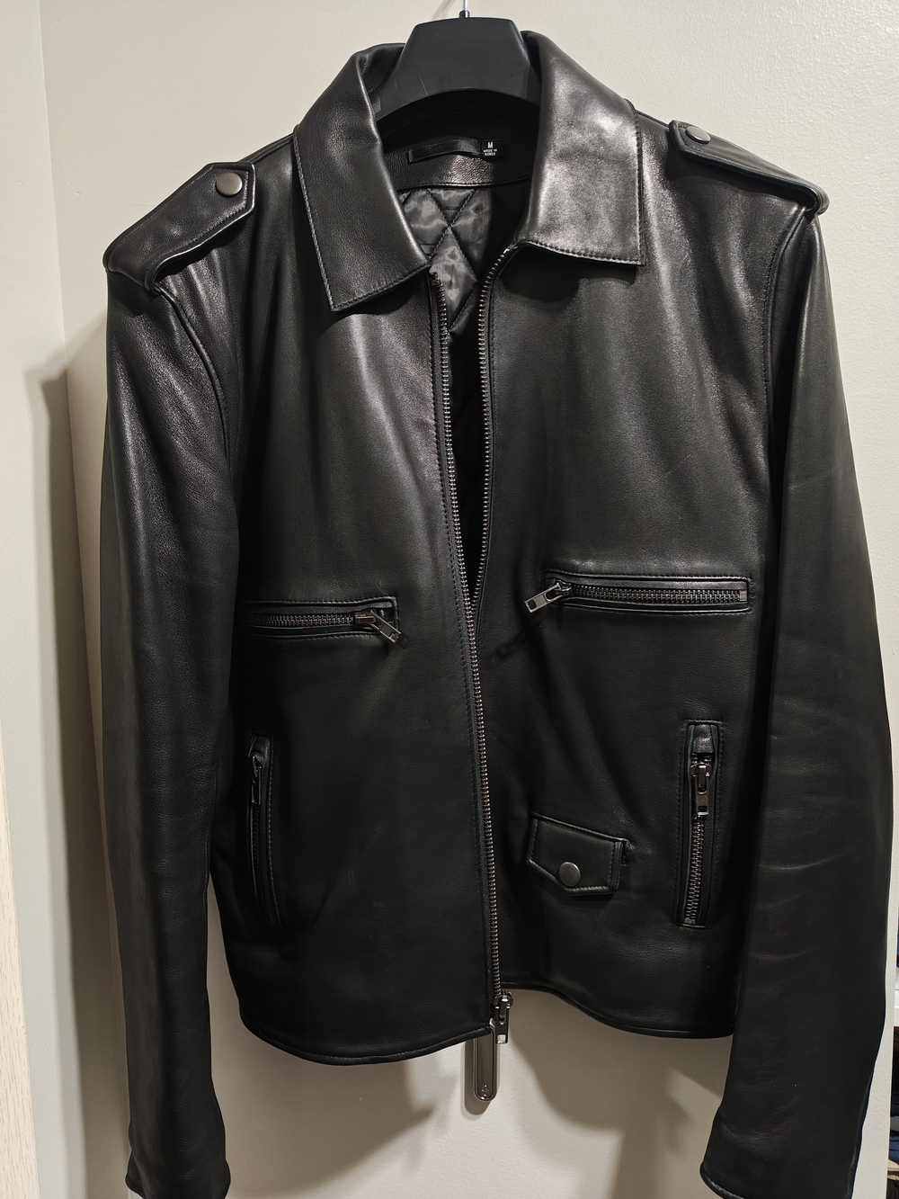 BLK DNM Black Leather Bomber Jacket with Zip Pockets